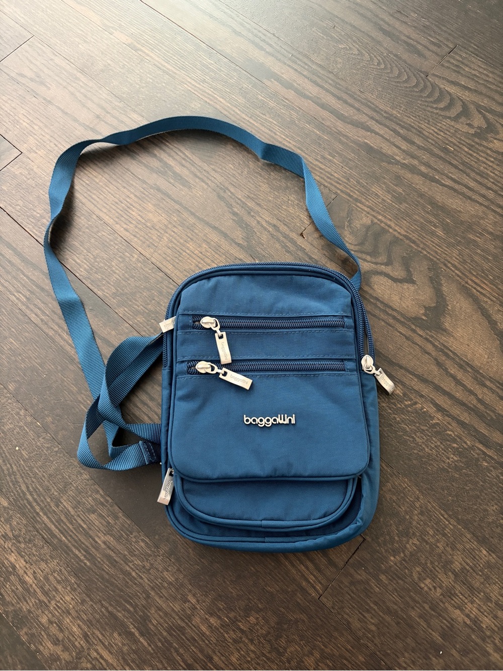 Baggallini Navy Blue Compact Crossbody travel bag with RFID protection